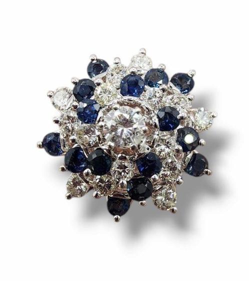 Ring - 14 karaat Witgoud, Wit Goud Saffier- en Diamantenring, Sieraden, Tassen en Uiterlijk, Ringen