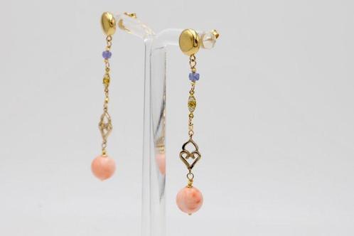 Oorbellen - 18 karaat Geel goud Koraal - Saffier, Sieraden, Tassen en Uiterlijk, Oorbellen