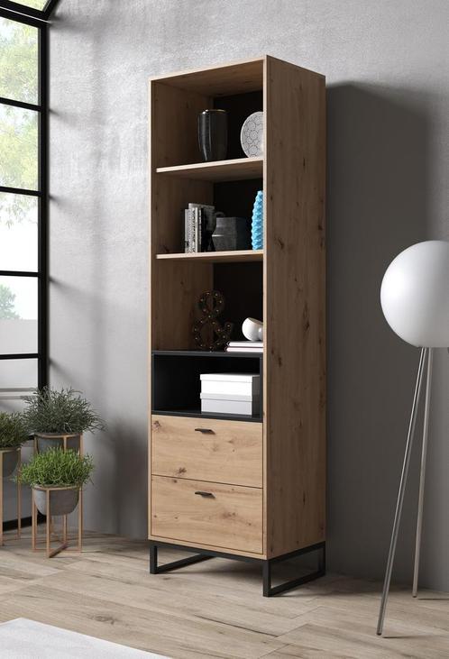 Boekenkast Ozzy - Eiken - Zwart - 60 cm, Huis en Inrichting, Kasten | Boekenkasten, 25 tot 50 cm, Nieuw, 200 cm of meer, 50 tot 100 cm