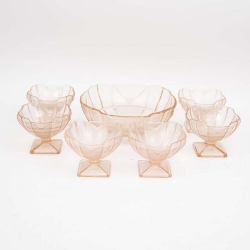 Roze Glazen 7-delig Art Deco Dessertset, Antiek en Kunst, Antiek | Glas en Kristal, Ophalen