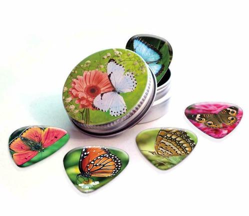 Blikje + plectrums met afbeelding van een Vlinder, Verzamelen, Overige Verzamelen, Nieuw, Ophalen of Verzenden