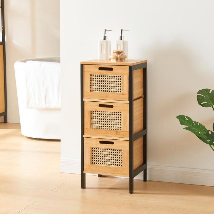 Commode Tervola ladekast 72x30x30 cm zwart naturel en rotan, Huis en Inrichting, Badkamer | Badkamermeubels, Verzenden