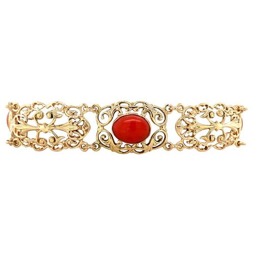 Gouden vintage armband met bloedkoraal 14 krt, Sieraden, Tassen en Uiterlijk, Armbanden, Nieuw, Ophalen of Verzenden