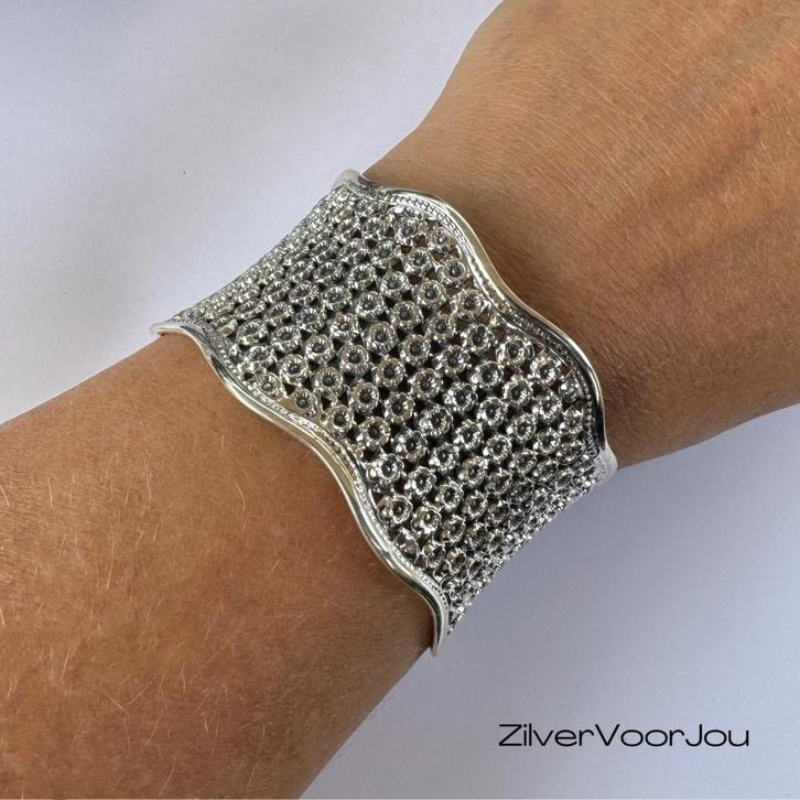 Zilveren golvende brede bloemen klemarmband, Sieraden, Tassen en Uiterlijk, Armbanden, Nieuw, Verzenden