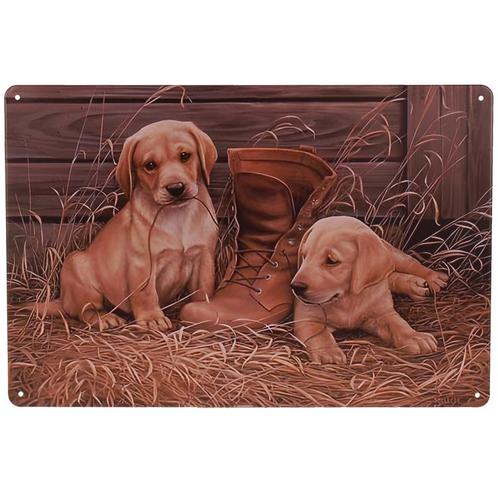 Metalen Plaatje - Labrador Puppys met Oude Schoen - 20x30cm, Huis en Inrichting, Woonaccessoires | Tekstborden en Spreuken, Nieuw