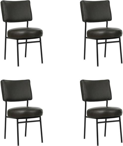 Set van 4 Donkergrijze leren moderne retro eetkamerstoelen -, Huis en Inrichting, Stoelen, Vier, Overige kleuren, Nieuw, Leer