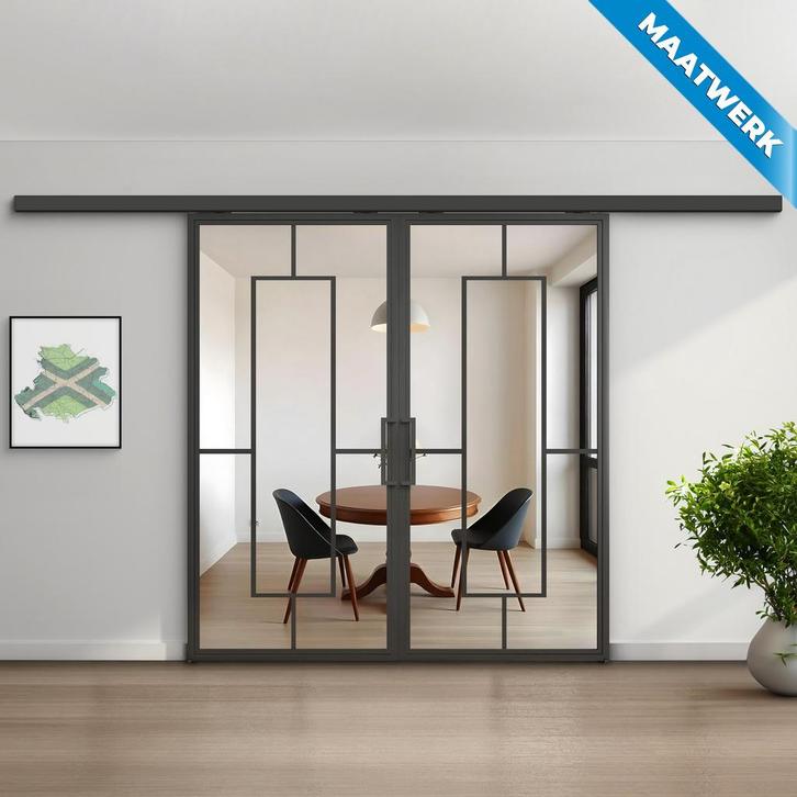 Dubbele stalen Schuifdeuren met koofsysteem Zwart 5 Vlaks Ma, Doe-het-zelf en Verbouw, Kozijnen en Schuifpuien, Nieuw, Metaal