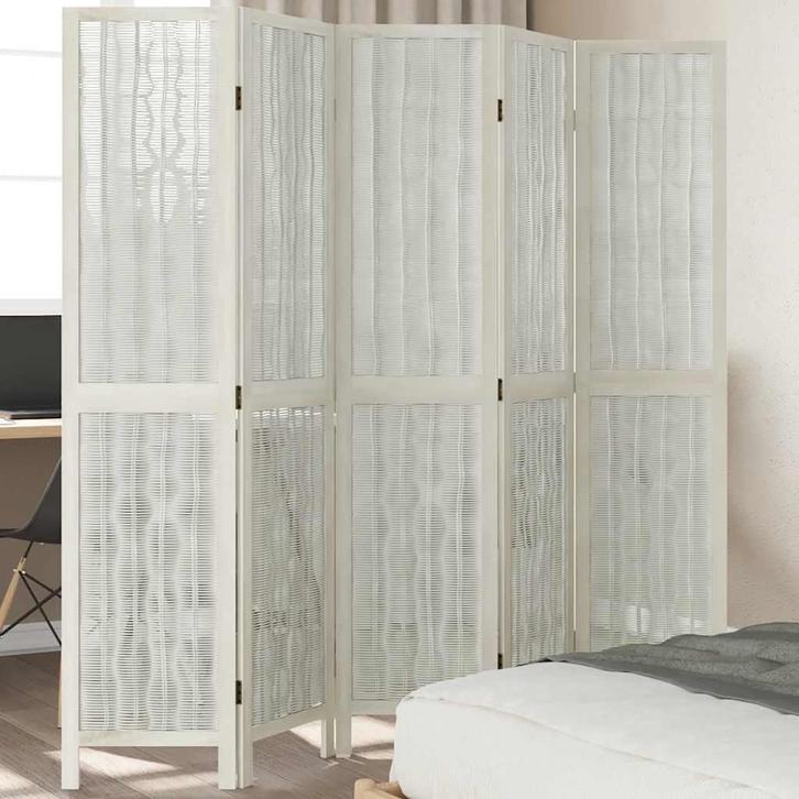 vidaXL Kamerscherm met 5 panelen massief paulowniahout wit, Huis en Inrichting, Woonaccessoires | Kamerschermen, Nieuw, Verzenden