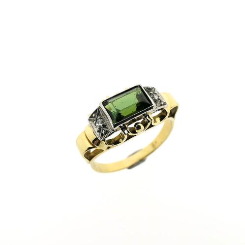 Vintage gouden ring met peridoot en diamant 0,04 ct., Sieraden, Tassen en Uiterlijk, Ringen, Dame, Met edelsteen, Overige kleuren