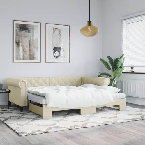 vidaXL Slaapbank met onderschuifbed 90x200 cm kunstleer, Huis en Inrichting, Slaapkamer | Bedden, 90 cm, 200 cm, Crème, Eenpersoons