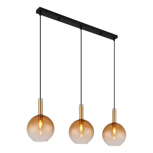 Hanglamp glas 3XE14 20.0 cm 3-lichts Zwart, Messing, Huis en Inrichting, Lampen | Hanglampen, 75 cm of meer, Nieuw, Metaal, Ophalen of Verzenden