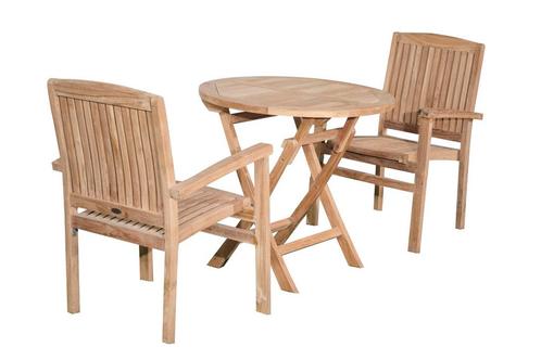 Twee Ibiza Stapelbare Teak Tuinstoelen met Klaptafel 70 Rond, Tuin en Terras, Tuinsets en Loungesets, Nieuw, Verzenden