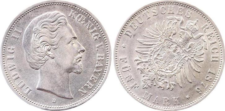 Duitsland 5 Mark Ludwig Ii Bayern 1876 D Stempeldrehung 3..., Postzegels en Munten, Munten | Europa | Niet-Euromunten, Verzenden