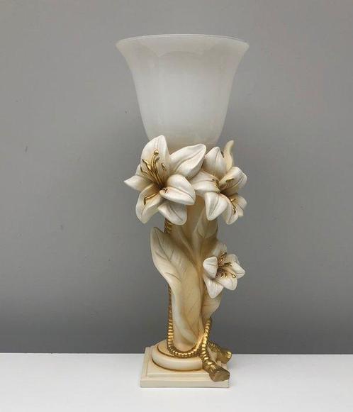 Tafellamp - Glas, Keramiek - Grote (69 cm) lamp met bloemen, Antiek en Kunst, Curiosa en Brocante