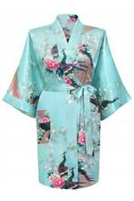 KIMU® Kimono Lichtblauw Kort L-XL Yukata Satijn Boven de Kni, Kleding | Dames, Nieuw, Carnaval, Maat 42/44 (L), Ophalen of Verzenden