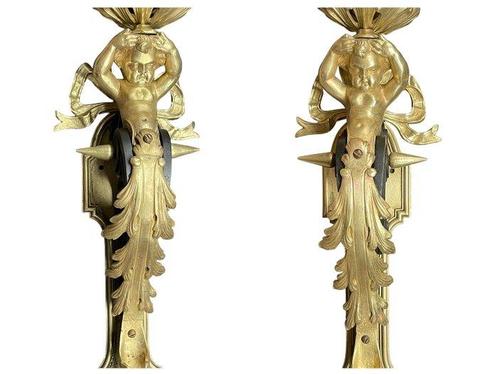 Wandlamp (2) - Brons, IJzer - Bronzen lampen met putti (h., Antiek en Kunst, Antiek | Meubels | Stoelen en Banken