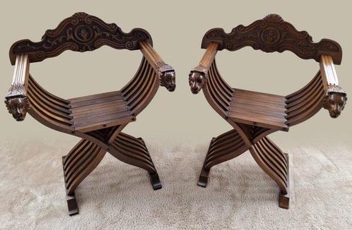 Fauteuil - Hout - Savonarola-stoelen paar, Antiek en Kunst, Curiosa en Brocante
