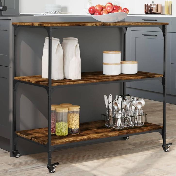 vidaXL Keukentrolley 102x50x95 cm bewerkt hout gerookt, Huis en Inrichting, Keuken | Keukenbenodigdheden, Nieuw, Verzenden