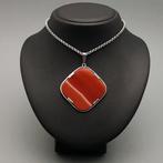 Zilver, Grote Art Deco, Streep Agaat - Ketting met hanger, Antiek en Kunst
