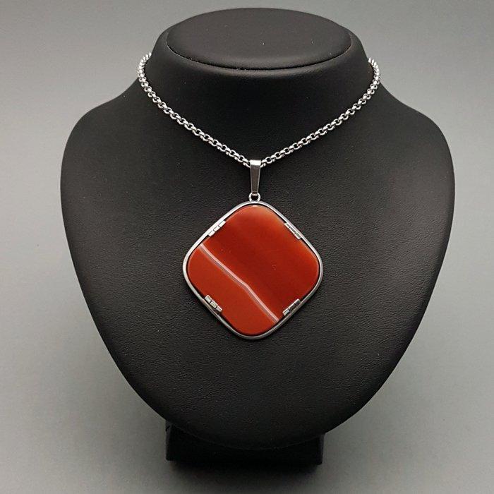 Zilver, Grote Art Deco, Streep Agaat - Ketting met hanger, Antiek en Kunst, Kunst | Designobjecten