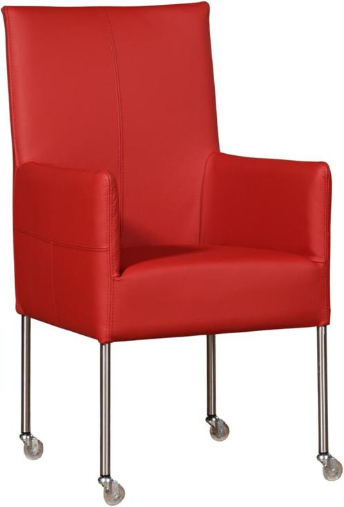 Rode leren moderne eetkamerstoel - poot rond rvs met wiel -, Huis en Inrichting, Stoelen, Eén, Overige kleuren, Nieuw, Leer, Ophalen of Verzenden