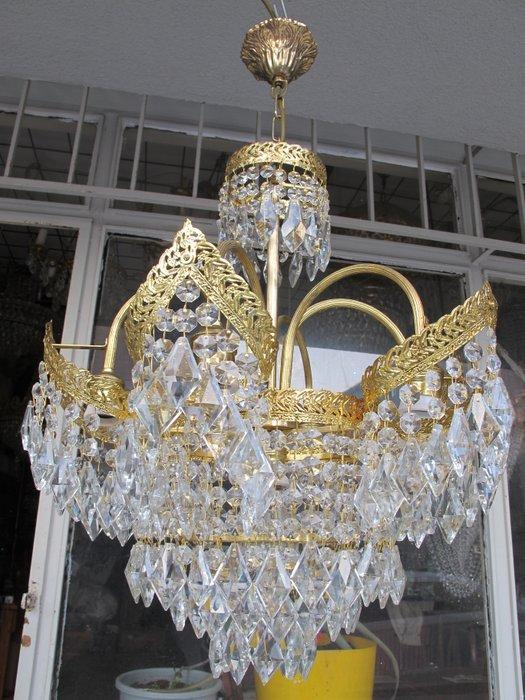 Kroonluchter - Verguld messing - Antique crystal lamp, Antiek en Kunst, Antiek | Lampen