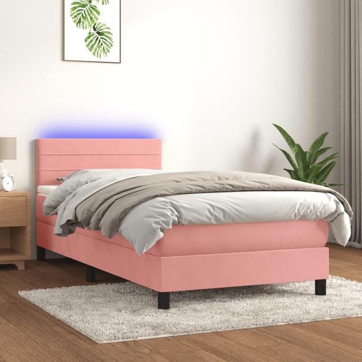 vidaXL Boxspring met matras en LED fluweel roze 90x200 cm, Huis en Inrichting, Slaapkamer | Bedden, 90 cm, 200 cm, Eenpersoons