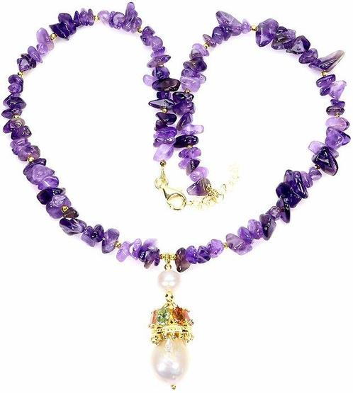 Amethist, Toermalijn met Barokparel Ketting - Hoogwaardige, Verzamelen, Mineralen en Fossielen