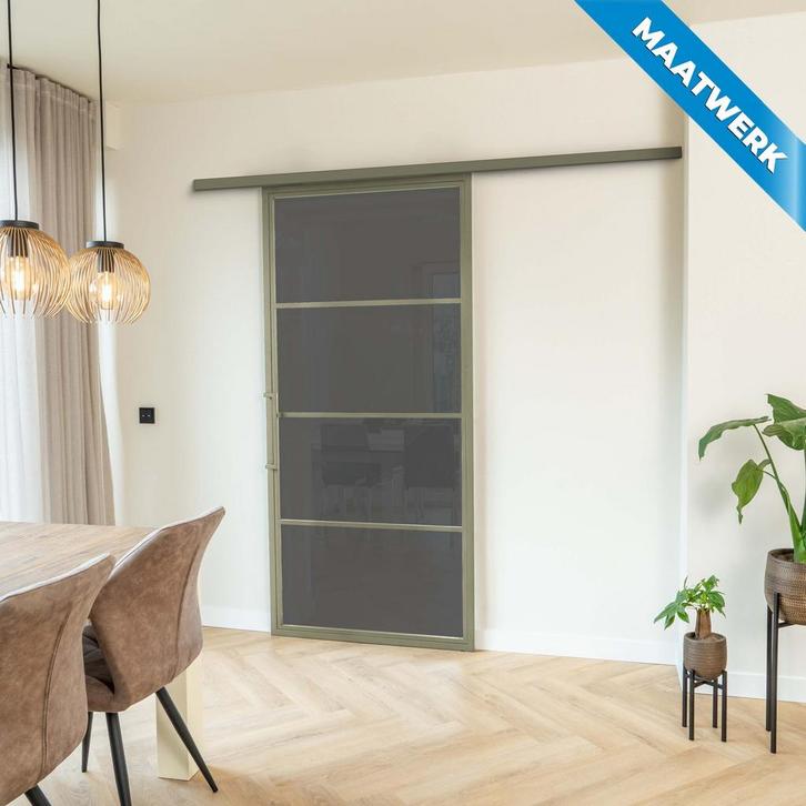 Stalen Schuifdeur met koofsysteem 4 Vlaks Olijfgroen Maatwer, Doe-het-zelf en Verbouw, Kozijnen en Schuifpuien, Nieuw, Metaal