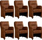 Set van 6 Bruine leren landelijke eetkamerfauteuils - Kenia, Huis en Inrichting, Stoelen, Overige kleuren, Nieuw, Leer, Ophalen of Verzenden