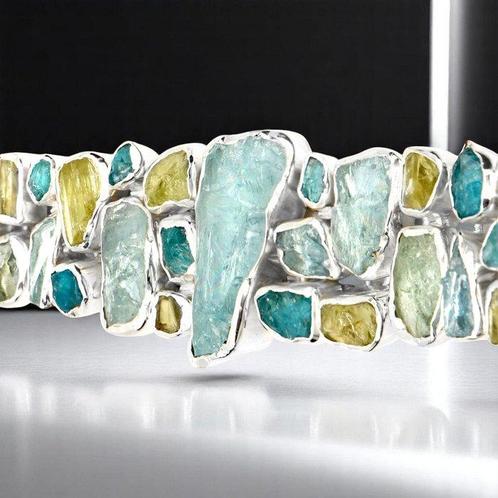 925 sterling zilveren armband met beryls: aquamarijn,, Verzamelen, Mineralen en Fossielen
