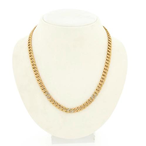 Bicolor gouden gourmet schakel ketting met diamant; 0,03..., Sieraden, Tassen en Uiterlijk, Kettingen, Overige kleuren, Gebruikt