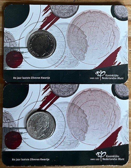 Nederland. Wilhelmina. 25 Cent coincard 1928/1941 lot van 2, Postzegels en Munten, Munten | Nederland