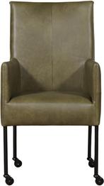 Olijfgroene leren moderne eetkamerstoel - poot rond zwart me, Huis en Inrichting, Stoelen, Overige kleuren, Nieuw, Leer, Ophalen of Verzenden
