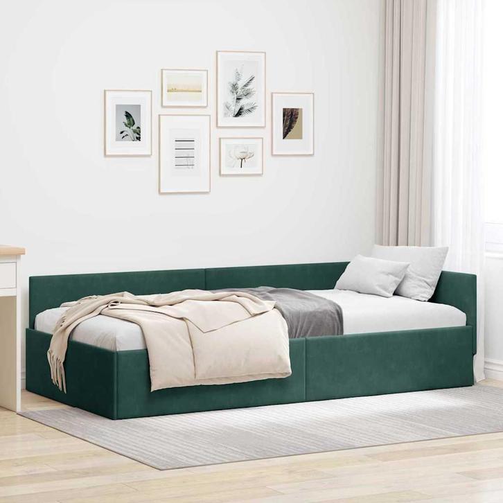 vidaXL Hoekbedframe met hoofdeinde Donkergroen 100 cm x 200, Huis en Inrichting, Slaapkamer | Bedden, Groen, Nieuw, Stof, Verzenden
