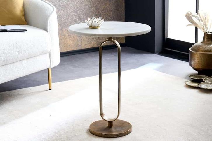 Ronde bijzettafel ELEGANCE 60cm witgoud antiek marmer metaal, Huis en Inrichting, Tafels | Sidetables, Ophalen of Verzenden