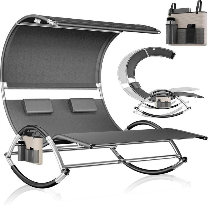 Ligbed met zonnedak - Zonnebed - Ligstoel - Antraciet - KESS, Tuin en Terras, Ligbedden, Zo goed als nieuw, Verzenden