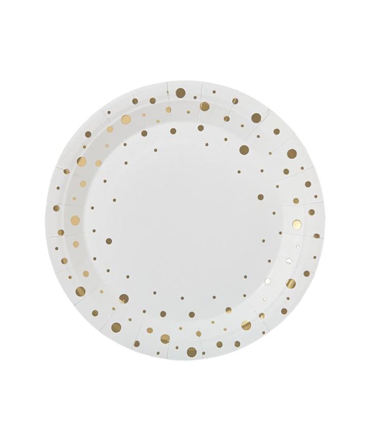 Borden Gouden Stippen Wit 20cm 8st, Hobby en Vrije tijd, Feestartikelen, Nieuw, Verzenden