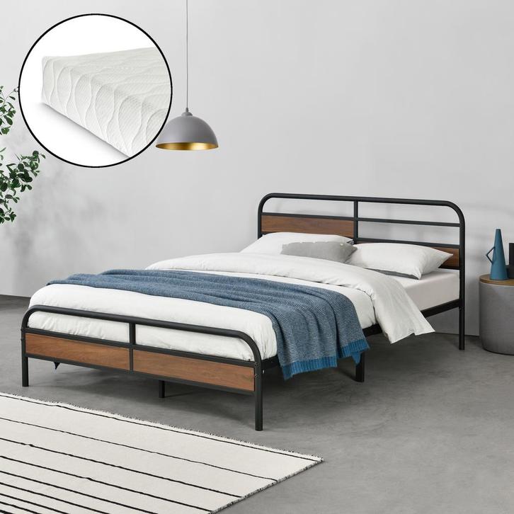 Metalen bed Aarau bedframe matras zwart walnoot 140x200, Huis en Inrichting, Slaapkamer | Bedden, Verzenden