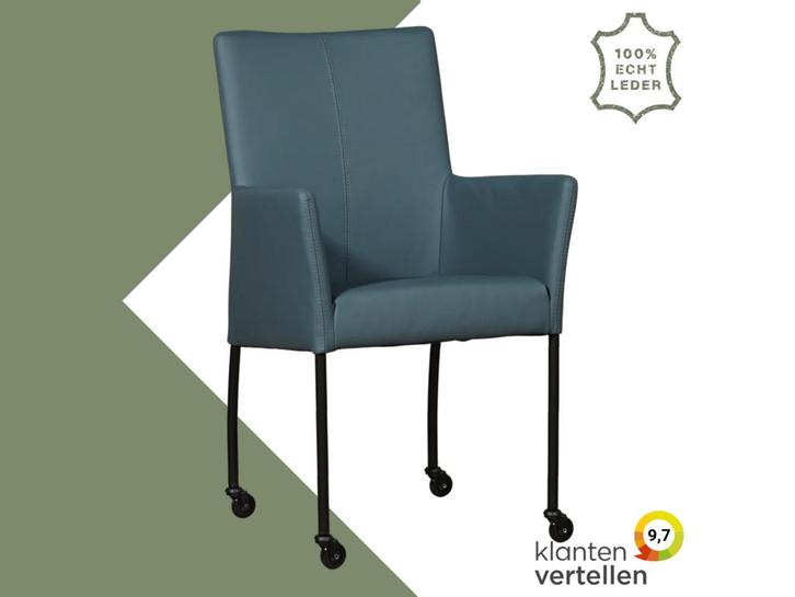 Leren eetkamerstoel Comfort met wieltjes en armleuning -, Huis en Inrichting, Stoelen, Eén, Blauw, Nieuw, Leer, Ophalen of Verzenden