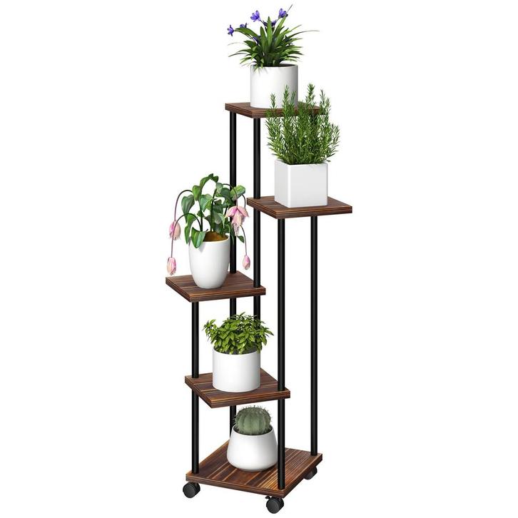 TRUUSK 5-laags Plantenstandaard met Wielen - Stalen en Houte, Tuin en Terras, Bloembakken en Plantenbakken, Nieuw, Verzenden