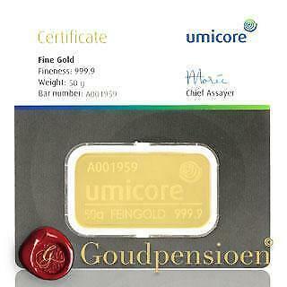 50 Gram Umicore Goudbaar met Certificaat 999,9 Puur Goud, Postzegels en Munten, Edelmetalen en Baren, Goud, Ophalen of Verzenden