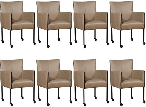 Set van 8 Leren eetkamerstoelen - met wieltjes - Echt leer,, Huis en Inrichting, Stoelen, Vijf, Zes of meer stoelen, Overige kleuren