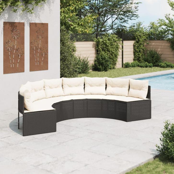 vidaXL Tuinbank met kussens halfrond poly rattan zwart, Tuin en Terras, Tuinsets en Loungesets, Nieuw, Rotan, Verzenden