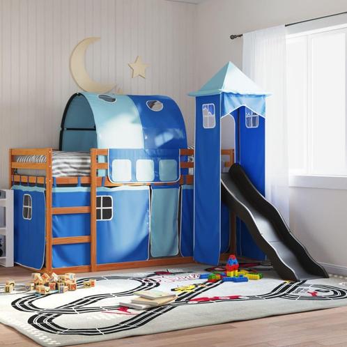 vidaXL Stapelbed met glijbaan en gordijnen blauw 90x200 cm, Huis en Inrichting, Slaapkamer | Bedden, 90 cm, 200 cm, Blauw, Eenpersoons