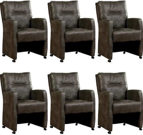Set van 6 Donkergrijze leren landelijke eetkamerfauteuils -, Huis en Inrichting, Stoelen, Vijf, Zes of meer stoelen, Overige kleuren