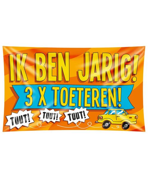 Gevelvlag Ik Ben Jarig 3x Toeteren! 1,5m, Hobby en Vrije tijd, Feestartikelen, Nieuw, Verzenden