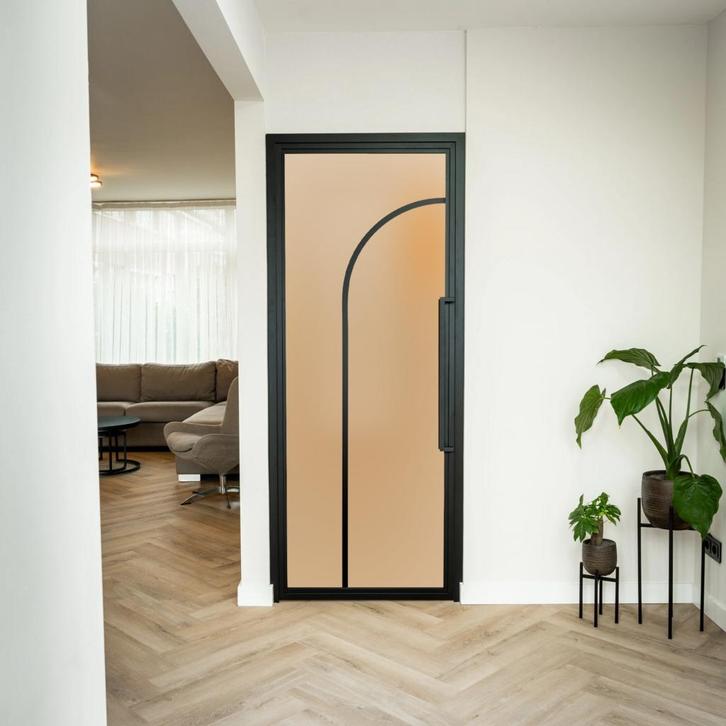 Stalen Binnendeur - Zwart - 2 Vlaks rond - Mat glas, Doe-het-zelf en Verbouw, Deuren en Horren, Nieuw, Metaal, Binnendeur, 200 tot 215 cm