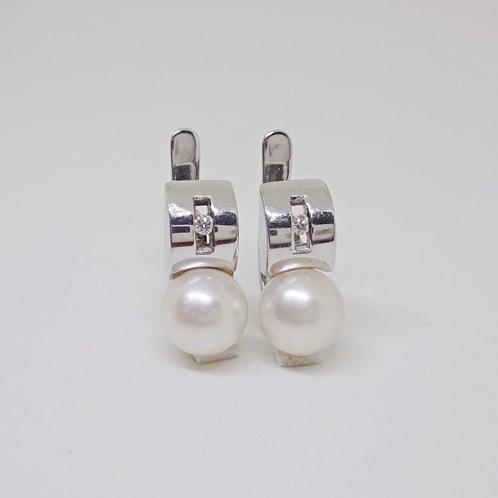 Oorbellen - 18 karaat Witgoud - 0.40ct. tw. Parel - Diamant, Sieraden, Tassen en Uiterlijk, Oorbellen