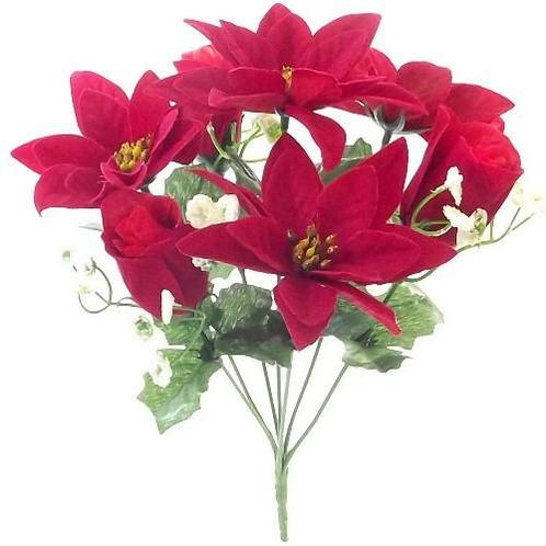 Kerstroos +roosboeket poinsettia boeket 7 knoppen rood/wit, Huis en Inrichting, Woonaccessoires | Kunstplanten en Kunstbloemen